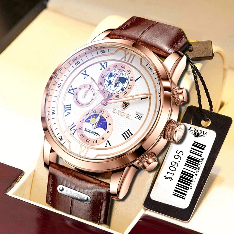 

LIGE Leather Strap Men Watches Fashion Creative Luminous Big Dial Chronograph Man Watch Waterproof Business Quartz Wristwatches