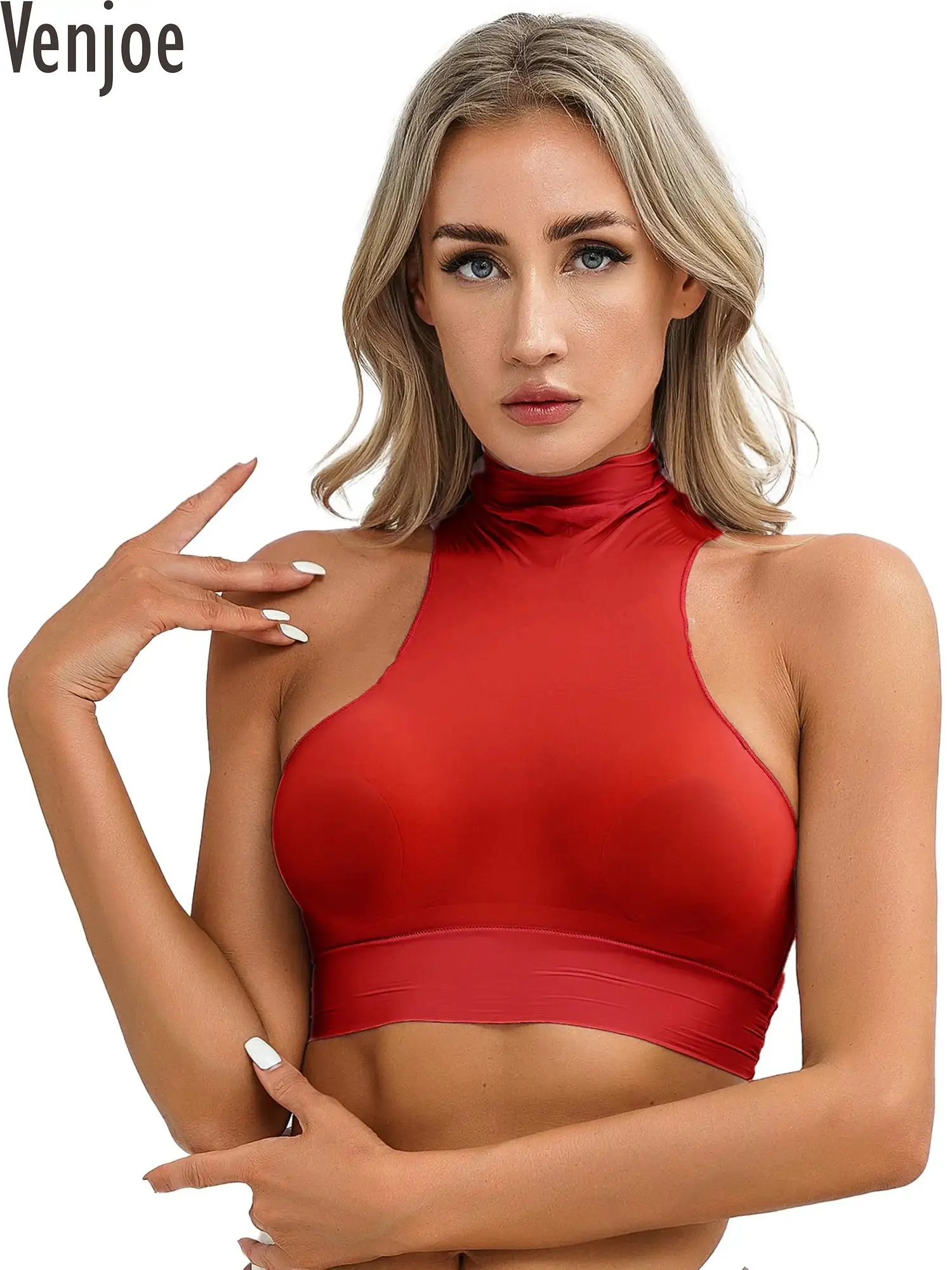 

Womens Mock Neck Sleeveless Sheer Crop Top Blouse Glossy Sexy See-Through Vest Tops Pool Party Clubwear Top Lingerie Nightwear