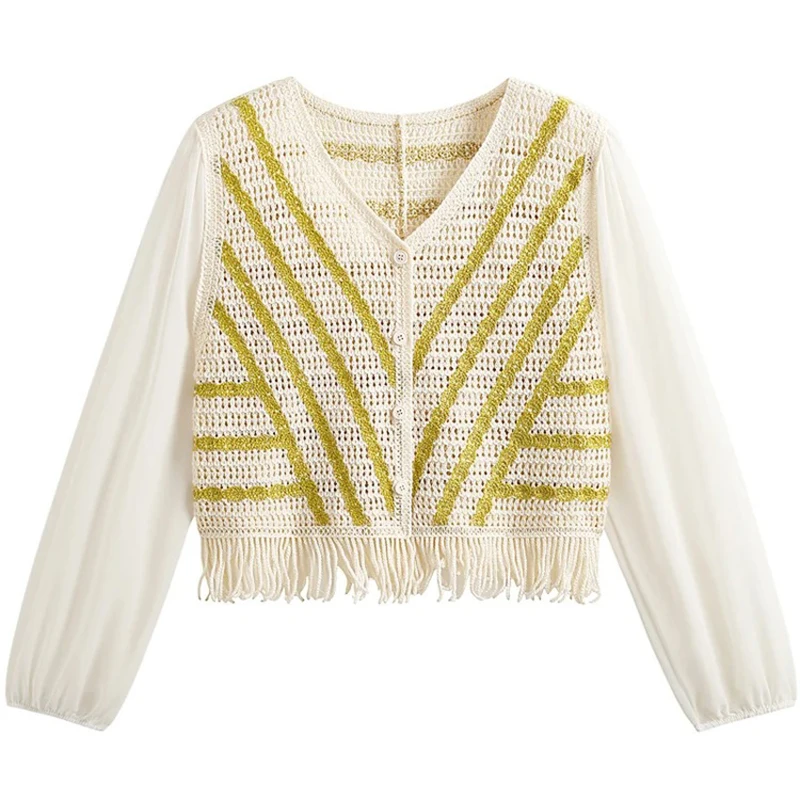 

Женский вязаный крючком топ с длинными рукавами на пуговицах в полоску, открытая вязаная рубашка, кардиган, наряд для отдыха в стиле бохо для девочек-подростков