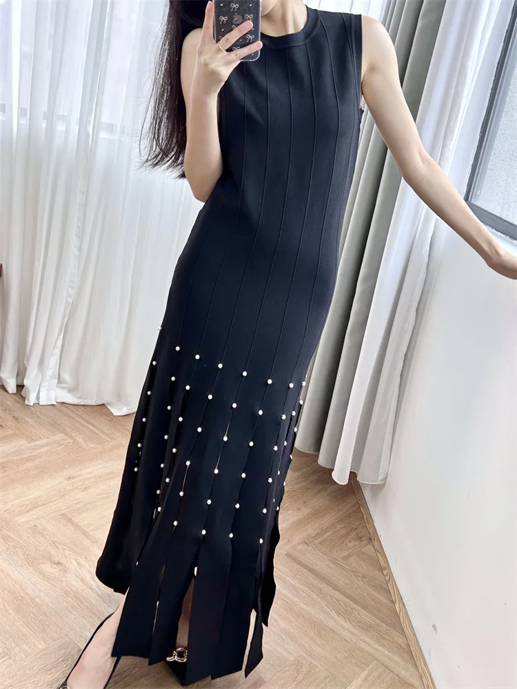 Women Tassels Spliced Robe Pearl Embroidery Sleeveless O-Neck Elegant Summer 2024 Midi Dress