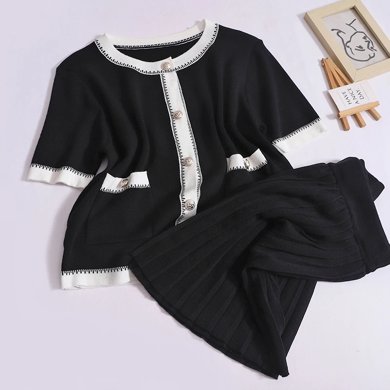 HELIAR Women Knit Sweet Set Buttons Up Pocket Short Sleeve Cardigan + High Waist Pleated Skirt 2 Piece Set Vacation Women Outfit