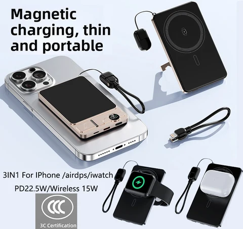 Магнитный внешний аккумулятор с металлическим кронштейном 3 в 1 для iPhone AirPods Apple Watch MagSafe, ультратонкое быстрое беспроводное зарядное устройство, сертифицированное CCC