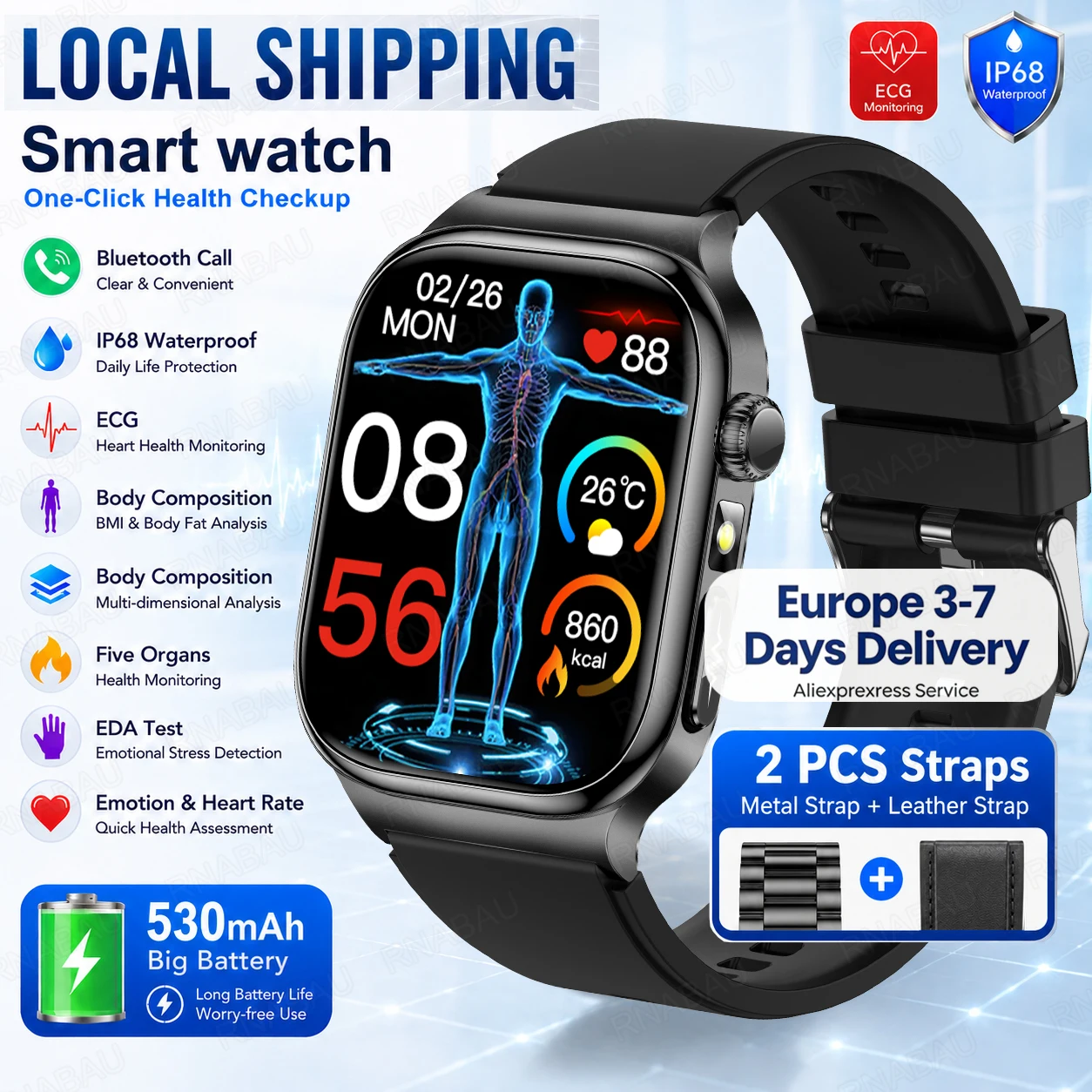 Nouvelle Montre Connectée Homme 2026, Écran AMOLED 2,04 Pouces, Appel Bluetooth, ECG, Fréquence Cardiaque, Sport, Éclairage Extérieur, IP68, Montre Intelligente Fitness, Expédition Locale