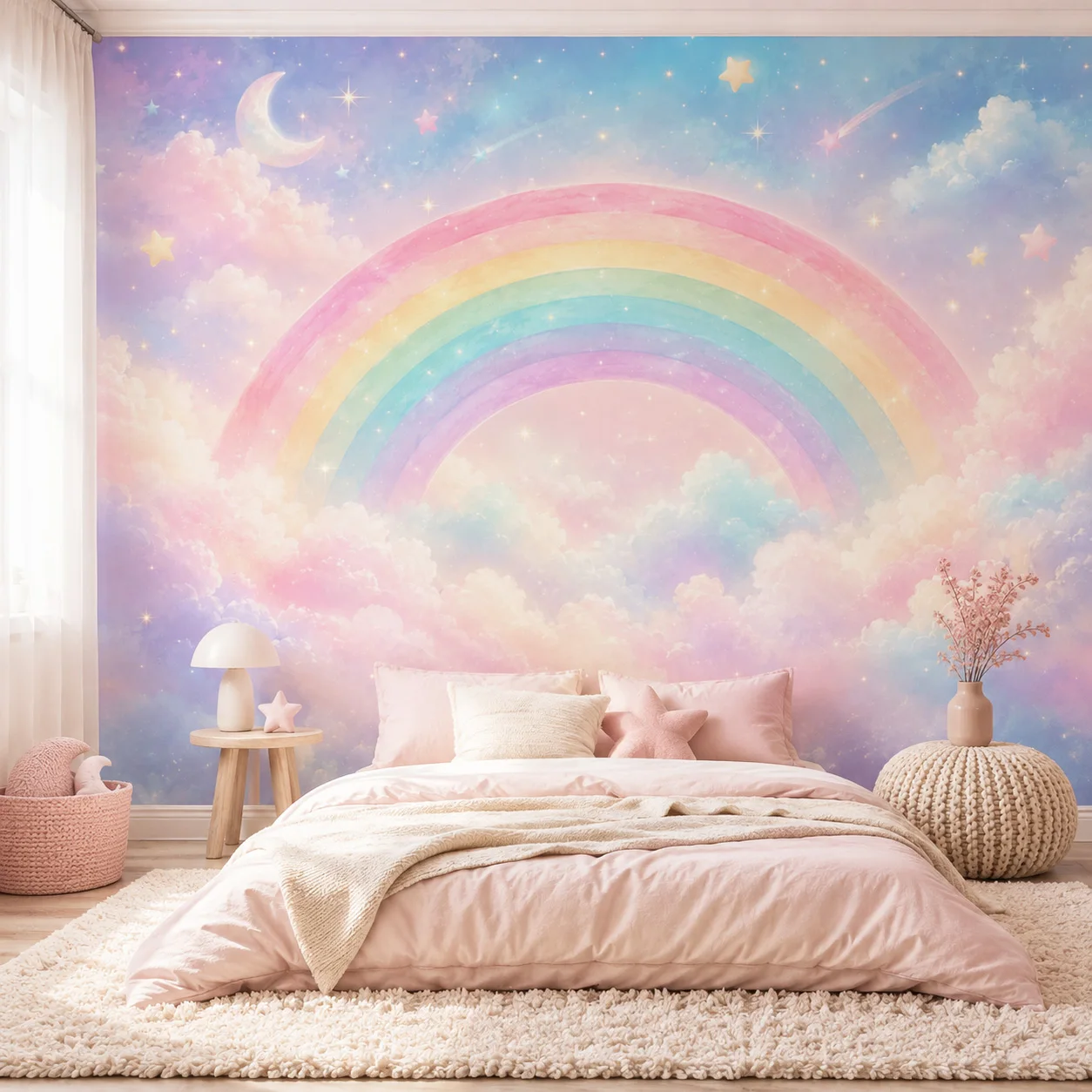 Dreamy Rainbow Cloud Wallpaper Mural, Children's Bedroom Kindergarten Pink Starry Sky Wall Decoration Non Self Adhesive