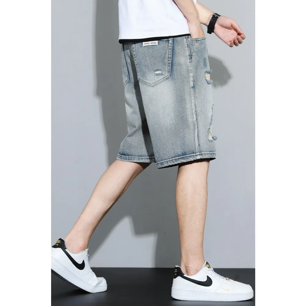 Ripped shorts for men's summer loose and trendy 2024 new denim knee length jean for men's beggars baggy  jeans streetwear