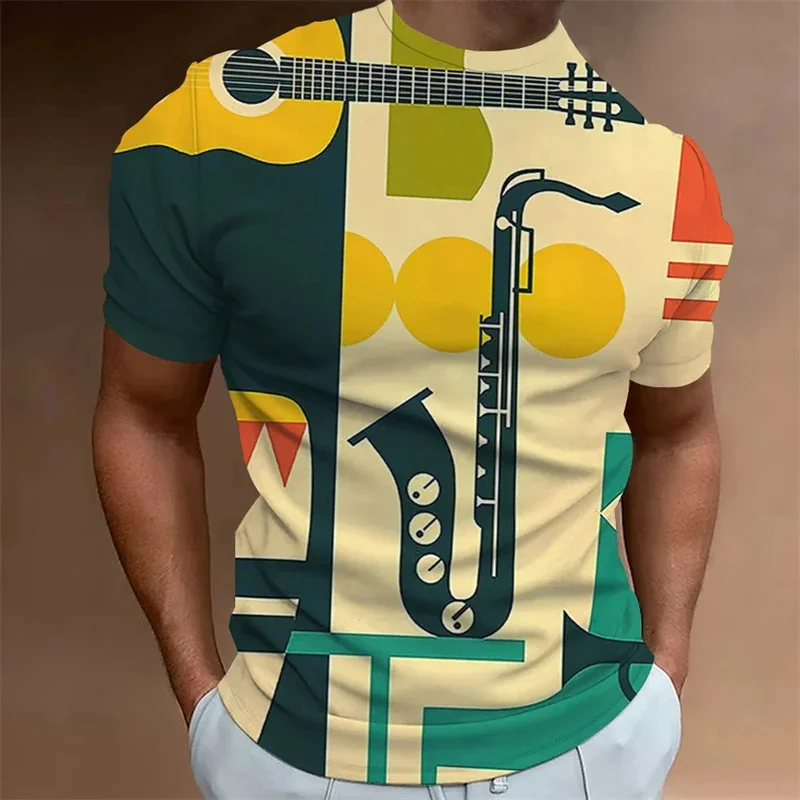 3D Printed Vintage T-Shirt For Men Musical Notes Pattern T Shirts Summer Casual Oversized Tees Round Neck Tops Short Sleeves