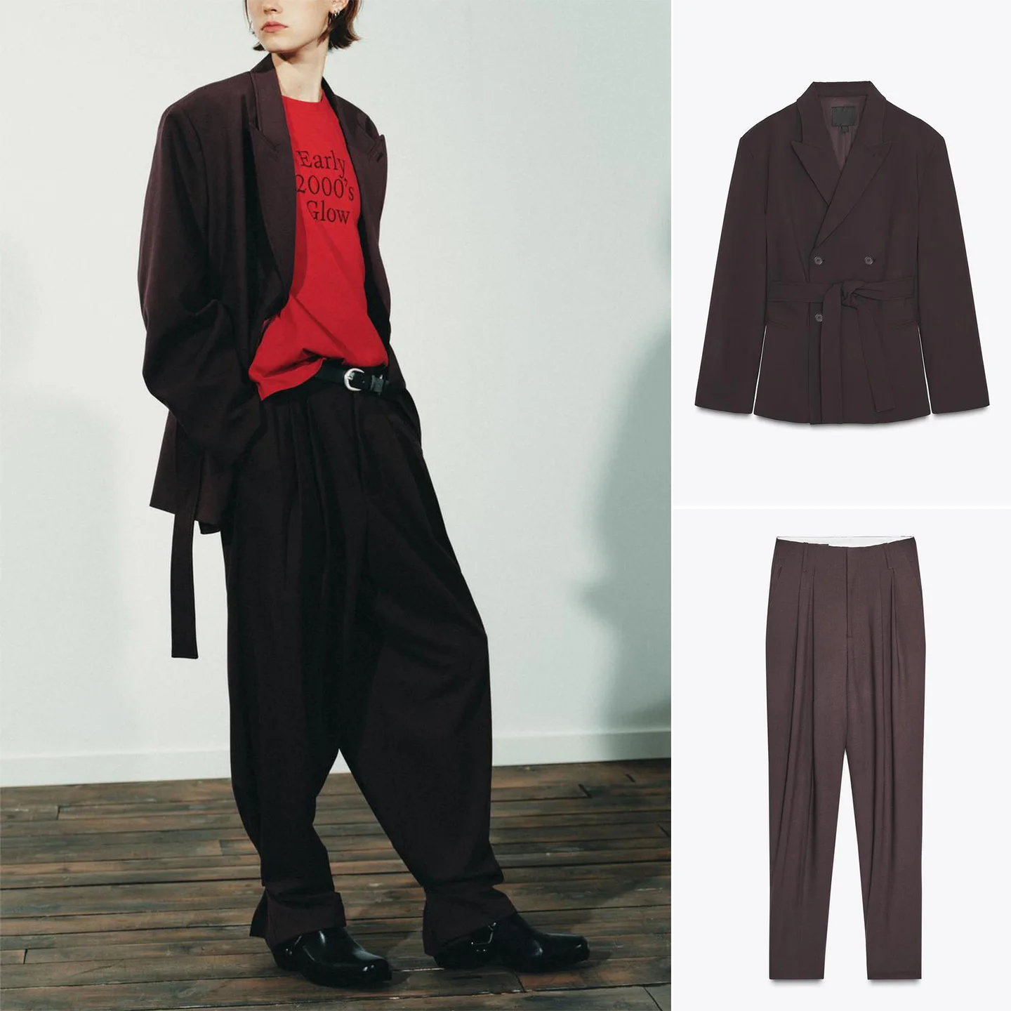 

High Waist Belted Long Sve Collared Coat 5063759 Casual Sle Women's Suit with Split Hem Long Pants 2555