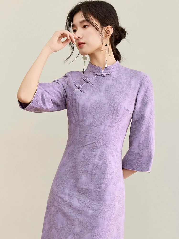SENTUBILA Women's Elegant Stand Collar Dress 2025 Autumn New Chinese Style Frog Buttons Three Quarter Sleeve Dress Q53LI3773
