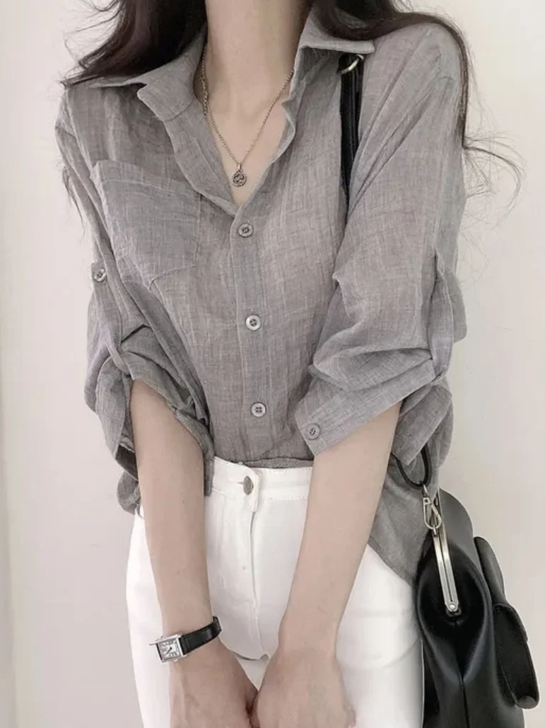 

White Chic Summer Long Sve Sun Protection irt Lightweight Collared Single Button Women's Faionable irt Bubble Sve