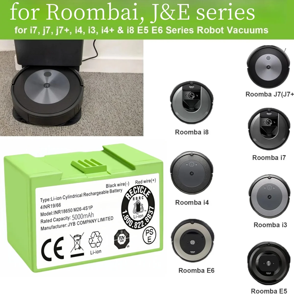 Reemplazo de batería de 14,4 V 5000mAh para iRobot Roomba e y i Series i7+ e5 7150 7550 i3 3150 i3+ 3550 i4 4150 i4+ 4624864
