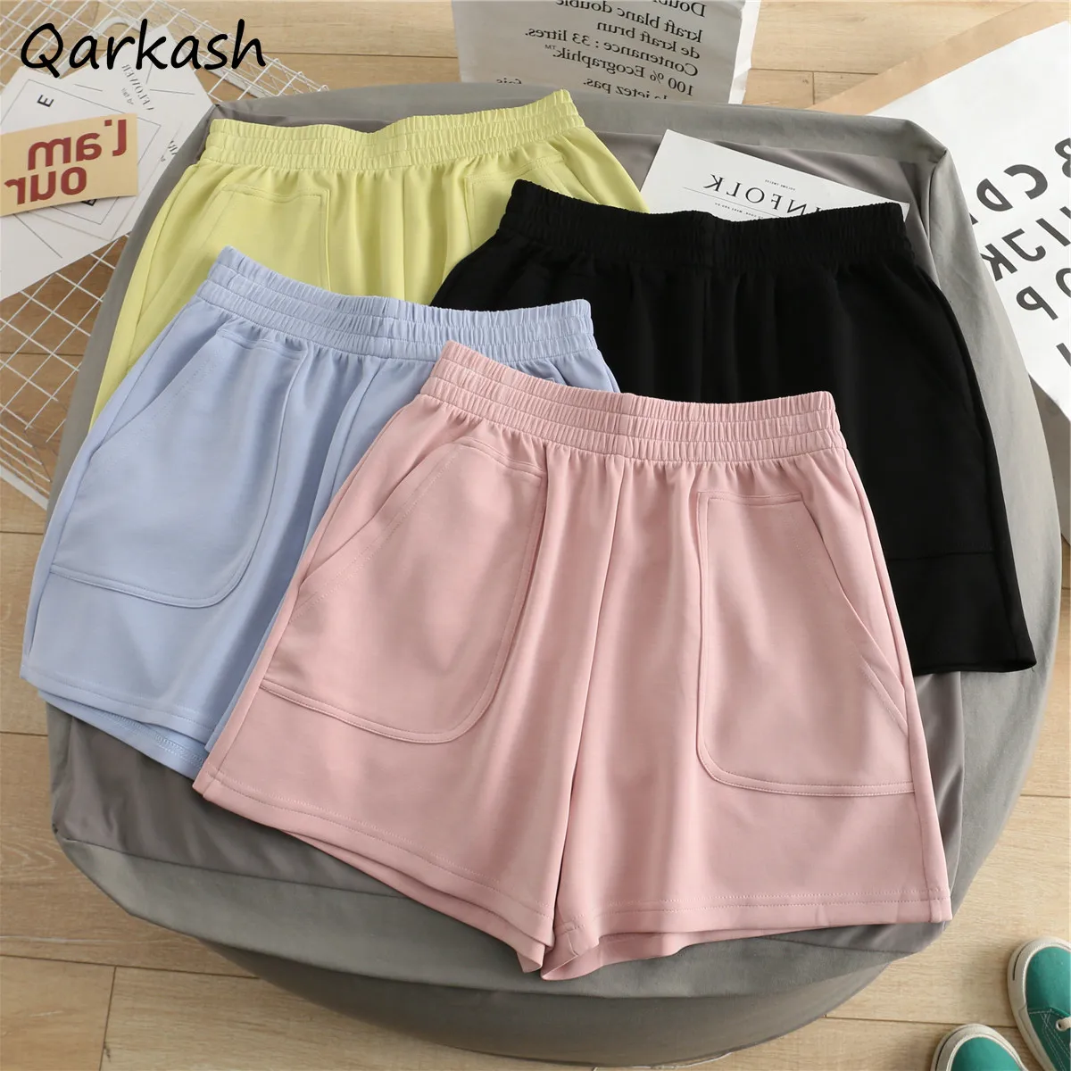 

Candy Color Shorts Women Elastic Waist Wide Legs Solid Simple Korean Style Home Girlish Sweet All-match Age-reducing Workout Ins