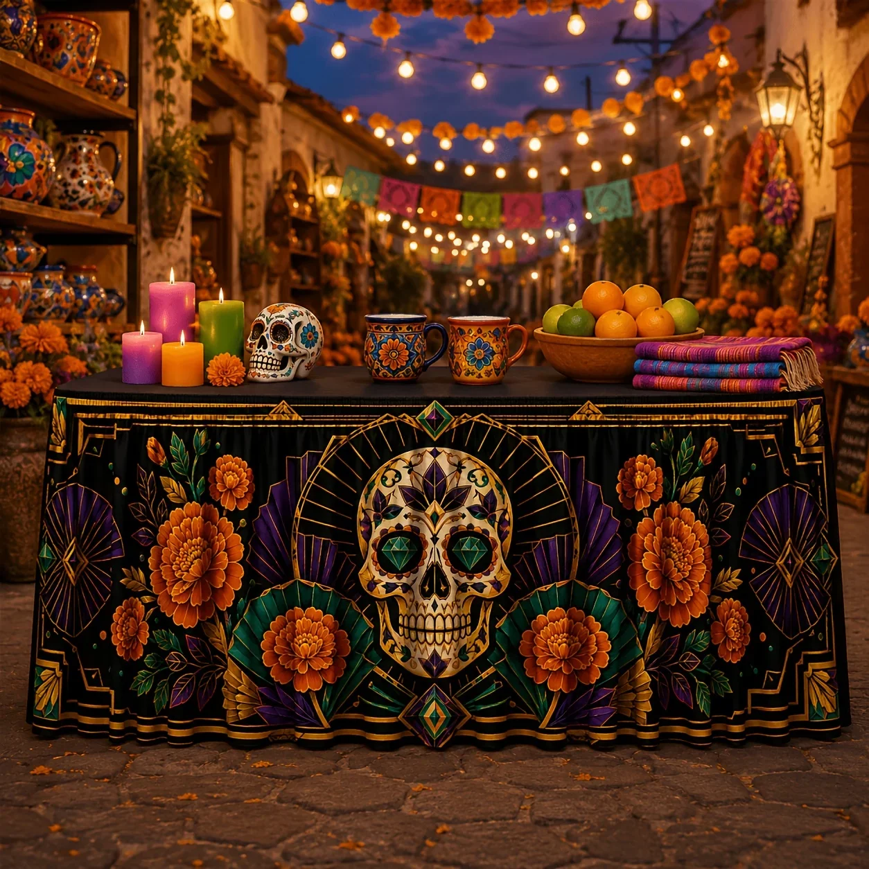 One tablecloth or table skirt, candy skull, yellow lotus flower, artistic decorative pattern, table mat, yzb