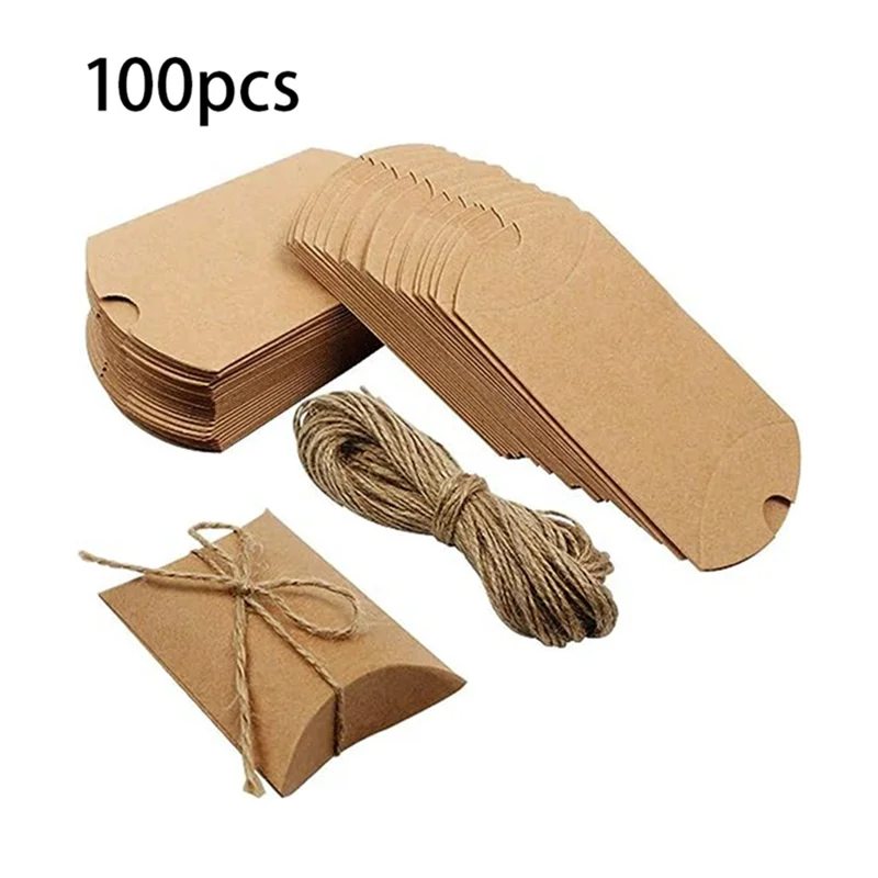 100 Pcs Kraft Paper Pillow Boxes, Candy Boxes with Twine, Christmas and Halloween Wedding Gift Packaging Boxes