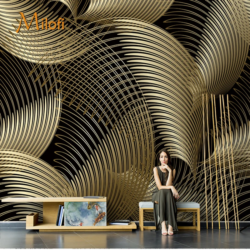 

Milofi customized Nordic 3D abstract modern gold stripe geometric wallpaper living room TV background wallpaper wall canvas