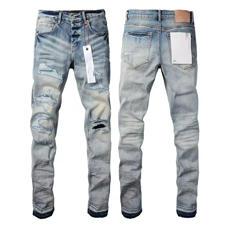 New Fashion Purples Jeans Mann mit Distressed Hole Patches Modemarke Reparatur Low Rise Skinny Denim Hose 29-40 Größe