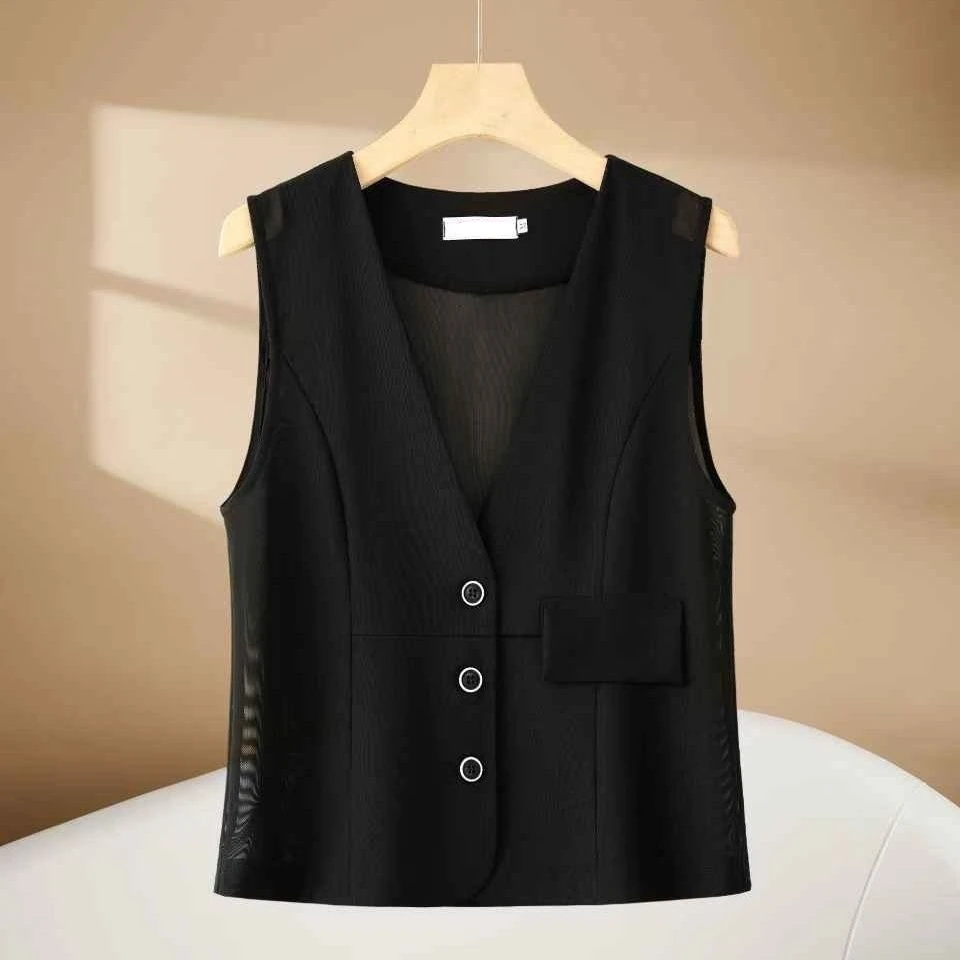 Women's Summer Thin See Through Black Mesh Vest Button-Up V-neck Sleeveless Jacket Cardigan Elegant Transparent Waistcoat Tops