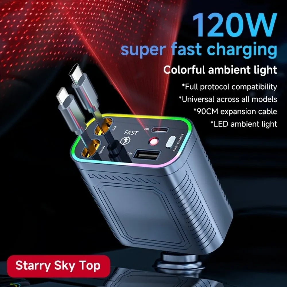 

Creative 120W Car Phone Charger Starlight Retractable Auto Power Adapter 4-in-1 Dual Type C Cable Charging Adapter