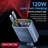 Creative 120W Car Phone Charger Starlight Retractable Auto Power Adapter 4-in-1 Dual Type C Cable Charging Adapter