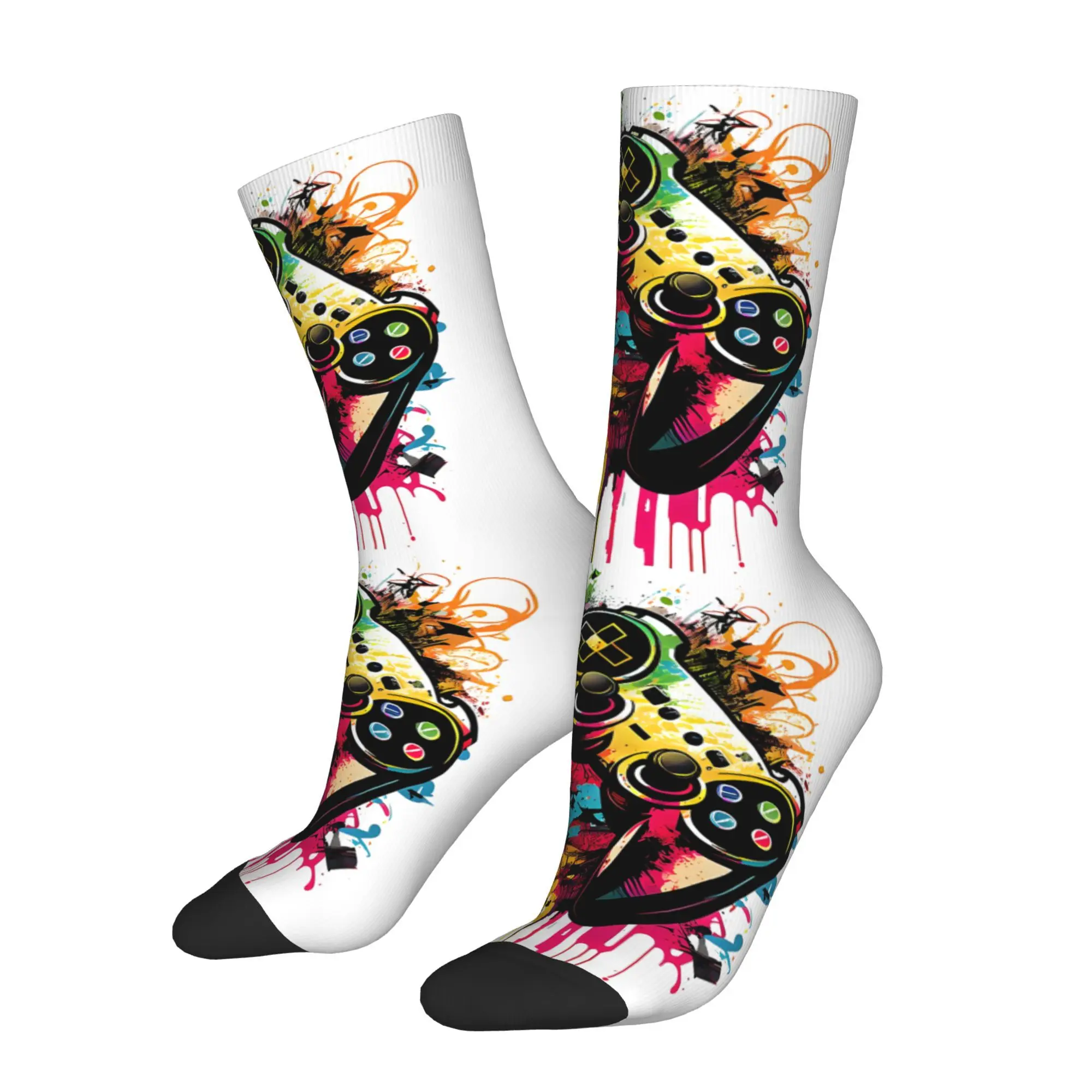 1pc Video Game Controller Paint Splatter  Printed Men's Socks Novelty Hip Hop Harajuku Pattern Crew Sock Casual Gift