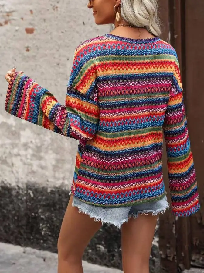 Women Boho Ethnic Geometric Print Pullover Sweater Autumn Winter O-Neck Flare Sleeve Loose Colorful Knit Top