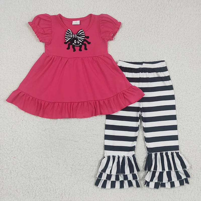 

Promotion Halloween Outfit Kid Toddler Short Sleeve Embroidery Spider Cotton Tunic Baby Girls Children Stripes Pants Clothes Set