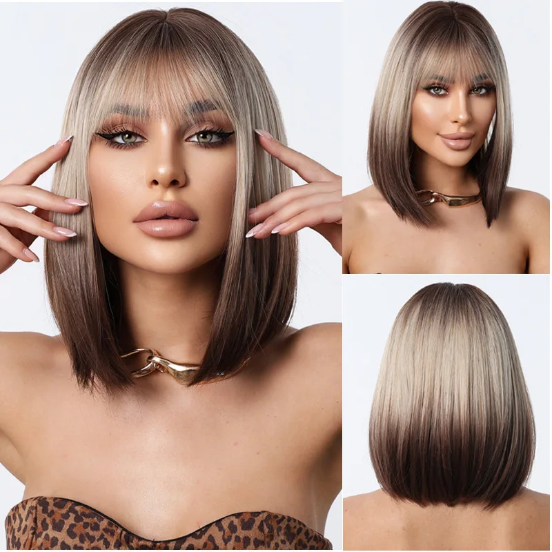 Women's Bob Wig Full Headpiece Short Hair Gradient Gray-Brown Shoulder-Length Wig
