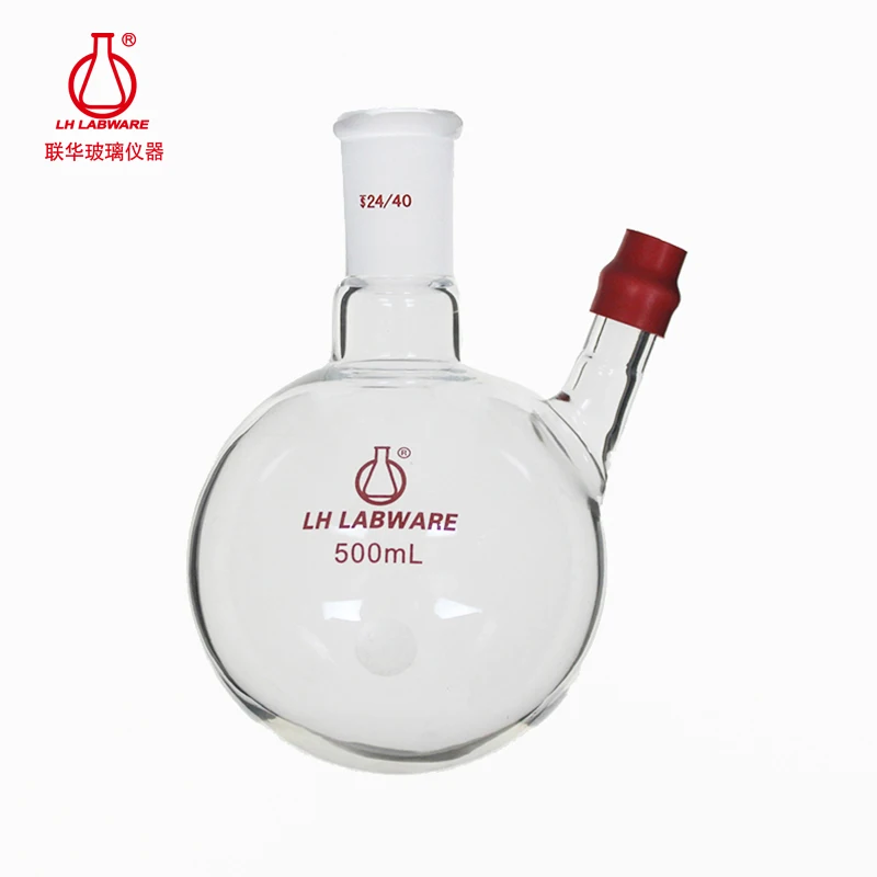 LH LABWARE Round bottom flask with thermometer sleeve with rubber cap, Borosilicate glass, LH-08