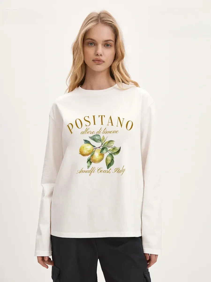 Spring Autumn Women's 100% CottonT Shirt Positano Watercolor Lemon Fruit Letter Front Print Long SleeveLoose Daily Wear Top