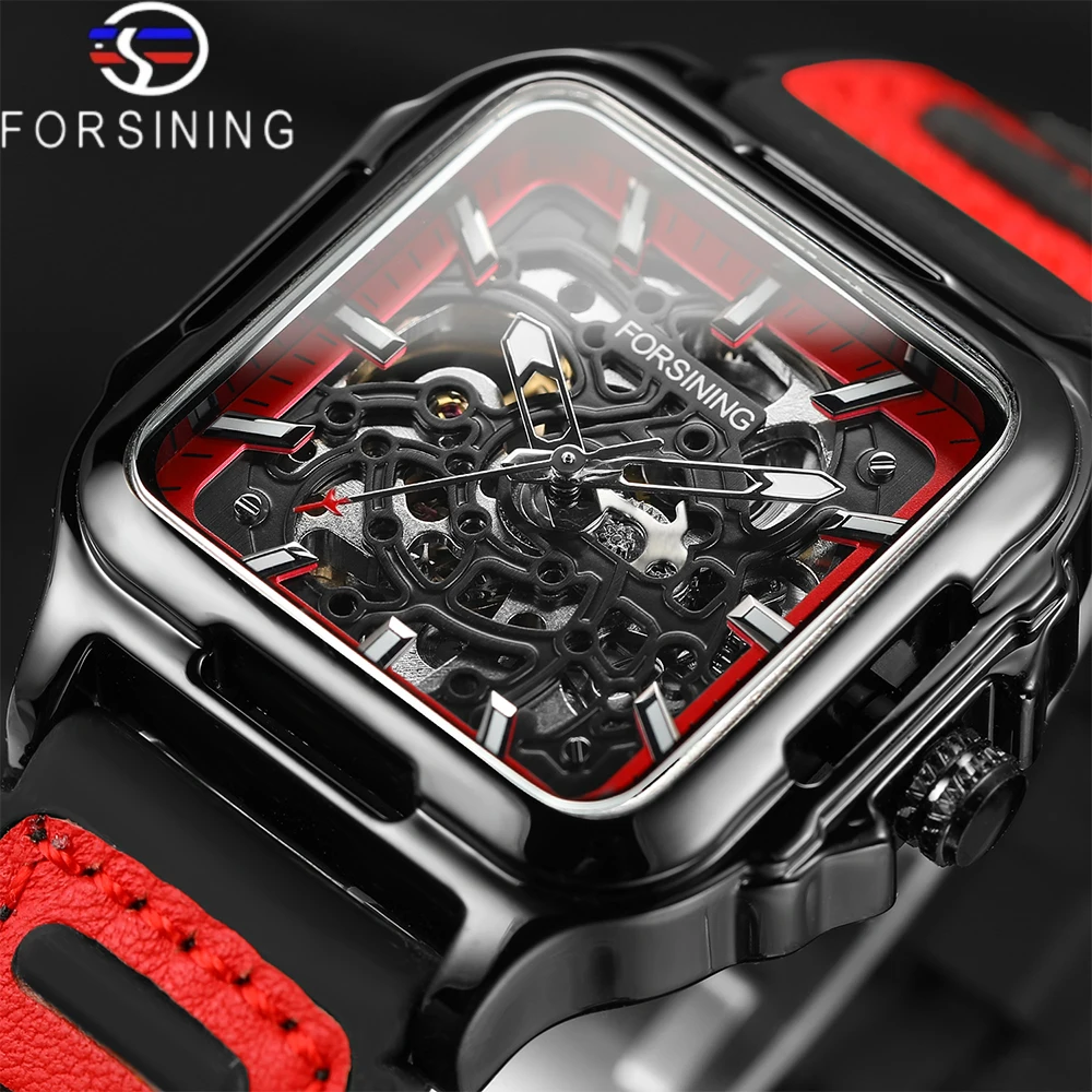 Forsining Cool Sport Men's Automatic Mechanical Skeleton Watch Hollow Engraving Silicone Strap Wristwatches Ideal Gifts For Man