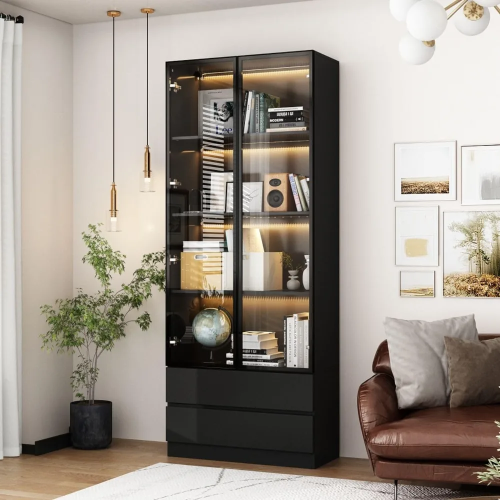 Display Cabinet with 2 Glass Doors and Lights, Display Case Cabinet with 4-Tier Storage Shelves and 2 Drawers, Pop-up Design