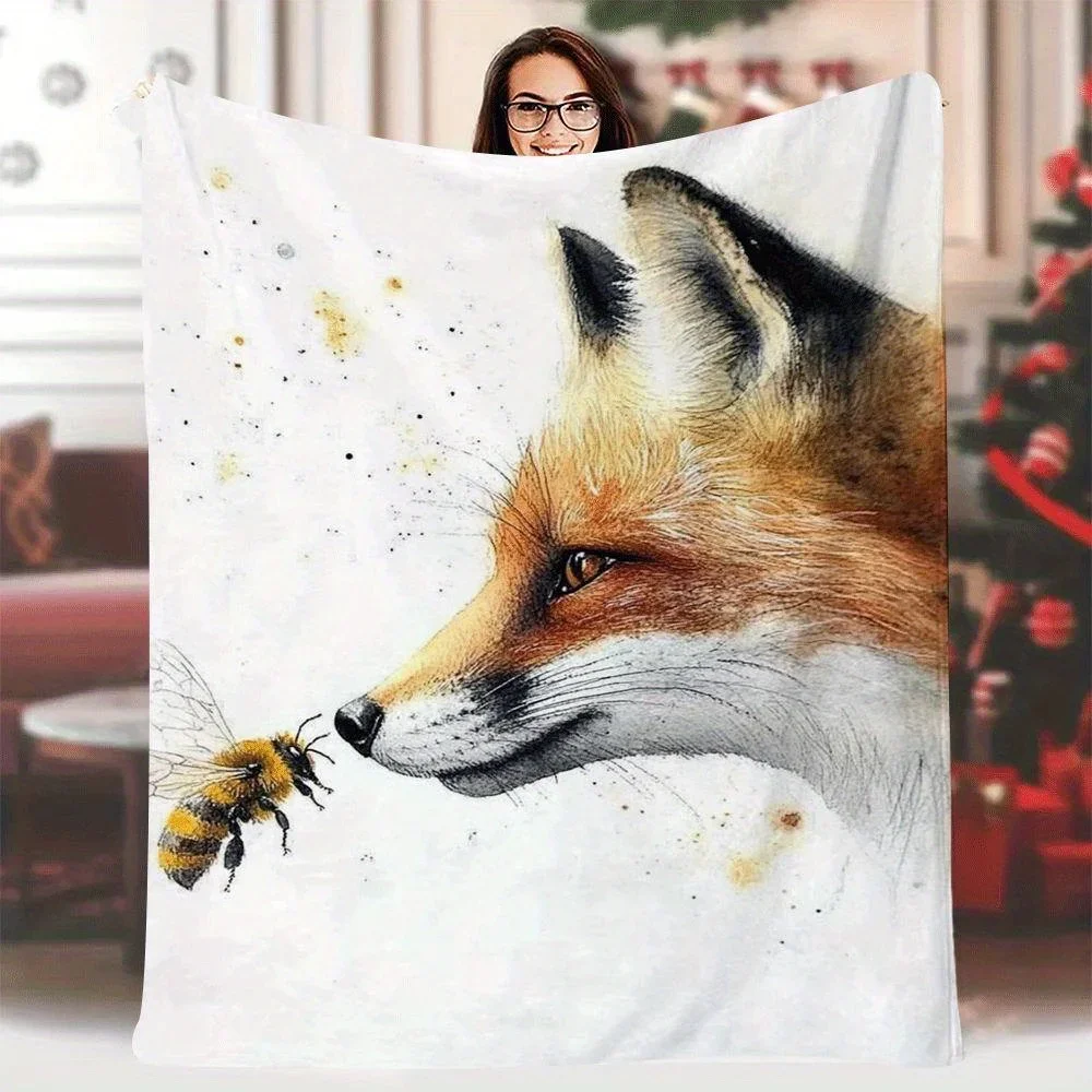 

Fox and Bee Watercolor Throw Blanket x Inch Realistic Style White Soft Cozy for Napping Camping Travel