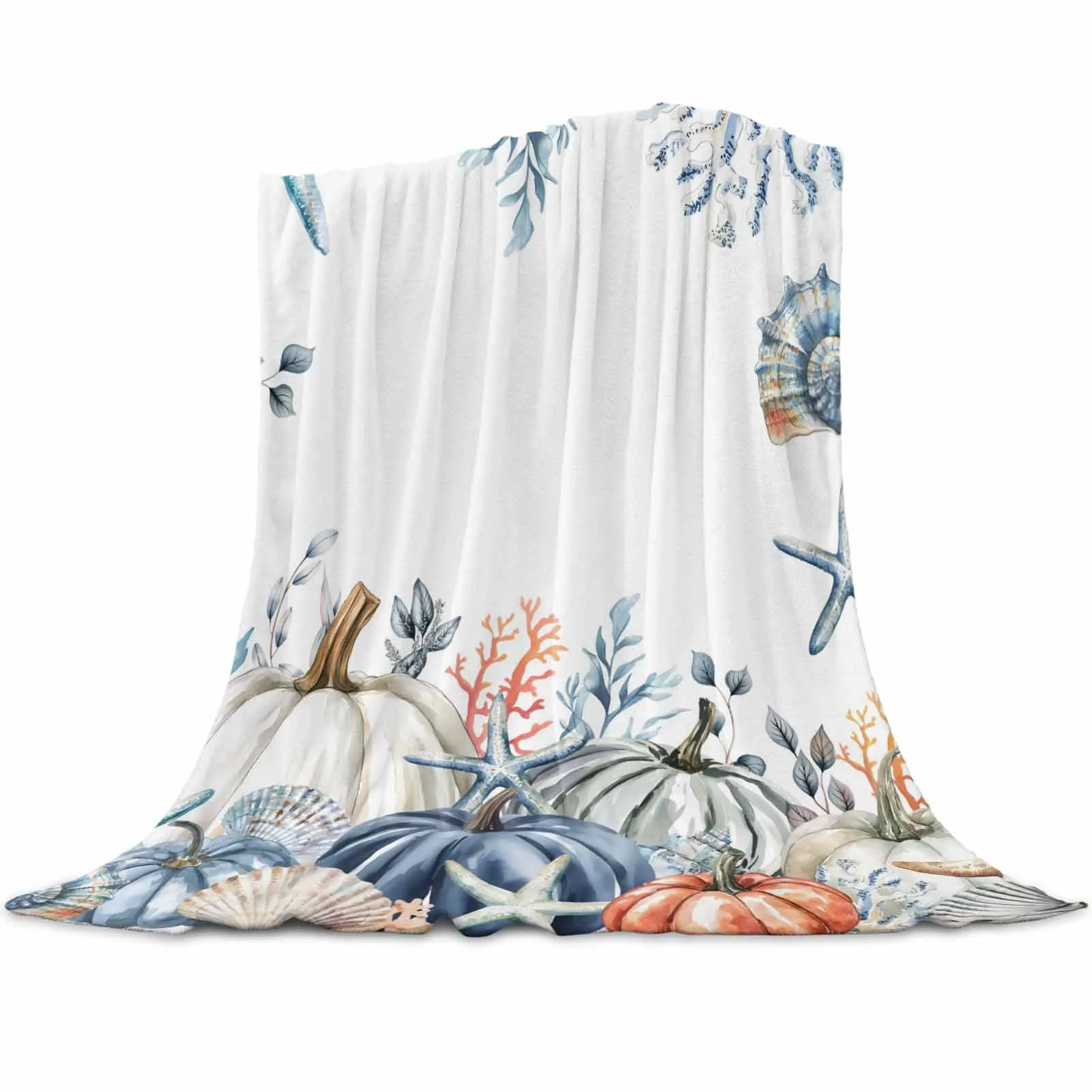 

White Pumpkin Starfish Coral Throws Blankets for Sofa Bed Winter Soft Plush Warm Sofa Throw Blanket Holiday Gifts