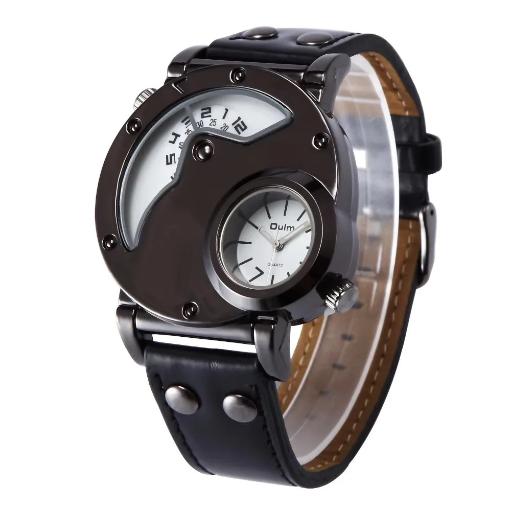OULM Brand HP9591 White Dial Watch Men Army Military Dual Time Movement Mens Leather Starp Quartz Wrist Watch relogio masculino