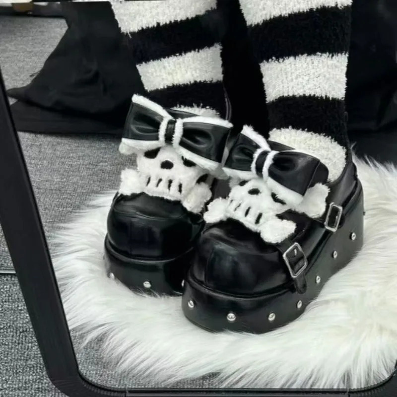 Gothic Black Women's Shoe Designer Punk Funny Flat Shoes Walking Shoes Skeleton Decoration Street Demon Cos Flat Shoes