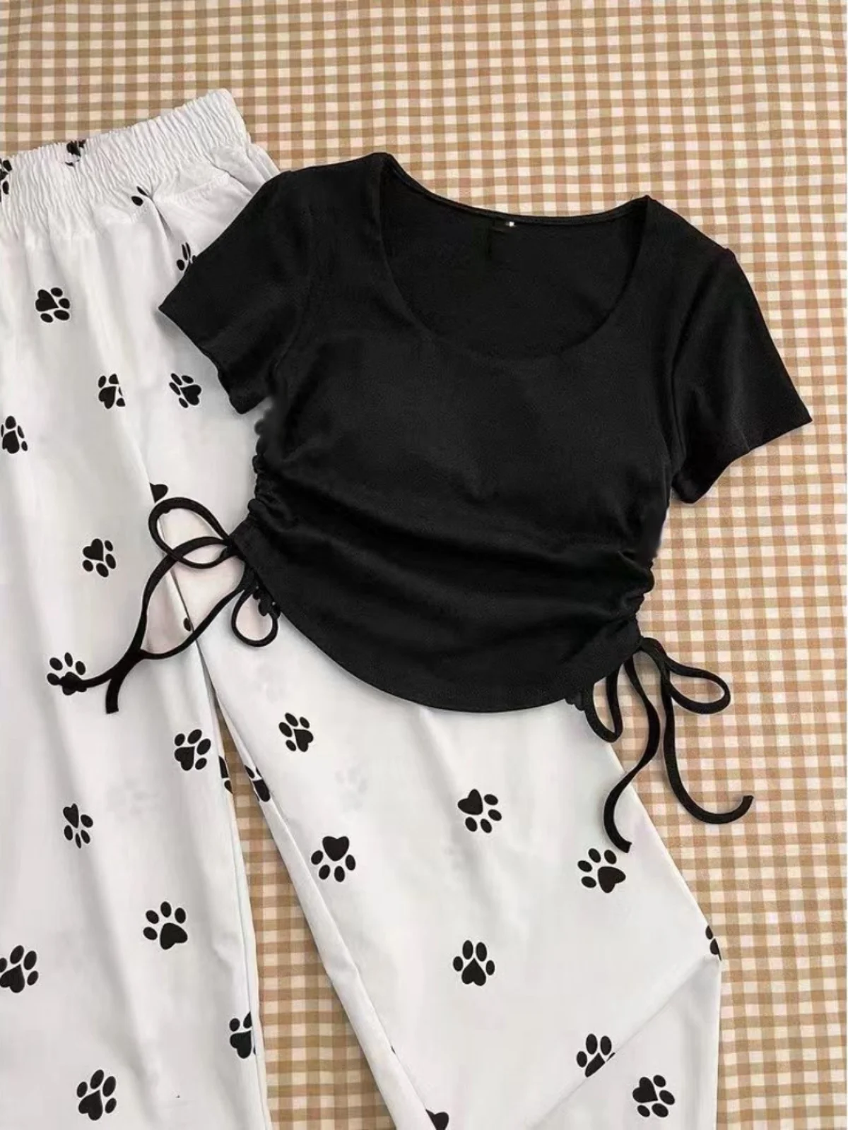 

Korean Style Lazy Sweet And Spicy Short Shoulder Dog Footprint Casual Pants Two-Piece Set High Waist Straight Leg Commute Wind