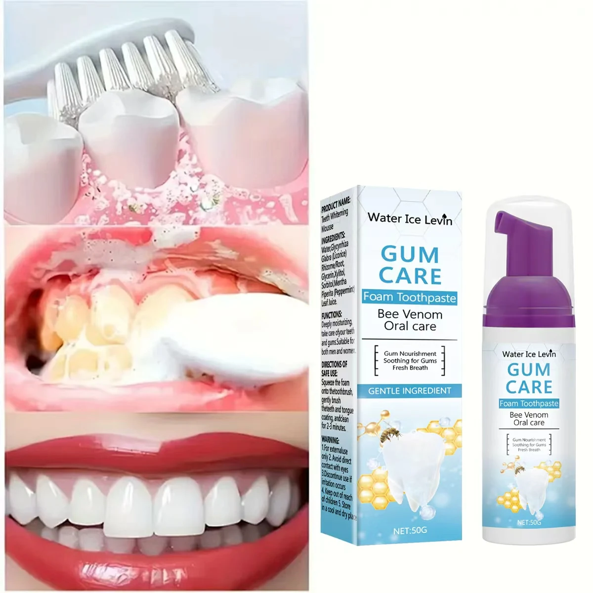 Water Ice Levin Gum Care Foam Toothpaste with Bee Venom & Xylitol - Teeth Whitening Mousse for Soothing Gums & Fresh Breath