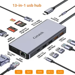 GETATEK 13 IN 1 USB C Hub Docking Station USB 3.2 10Gbps TF/SD Card Headphone Port VGA RJ45 HDMI Adapter for Laptop Macbook