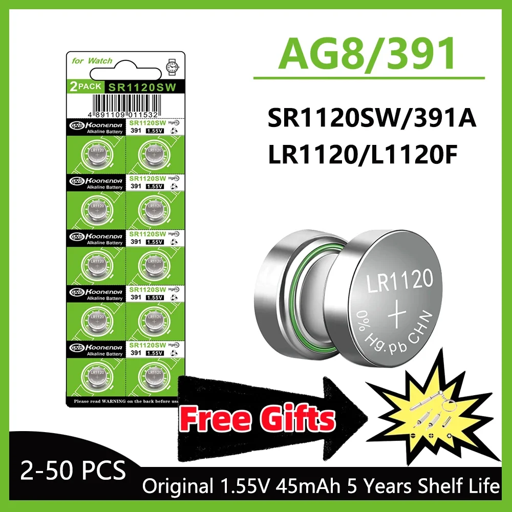 New 5-50pcs AG8 Alkaline 1.5V Button Cell Battery Single Use LR1120 391 LR57 SR55 LR55 CX191 G8 for Watch Toys Remotes Cameras