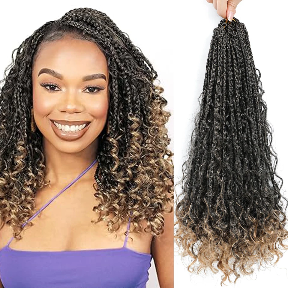 14 Inch Bohemian Synthetic Goddess Box Braids Crochet Hair With Curly Ends 1B T 27 30 Burgundy 4 Colors Braids Hair Extensions