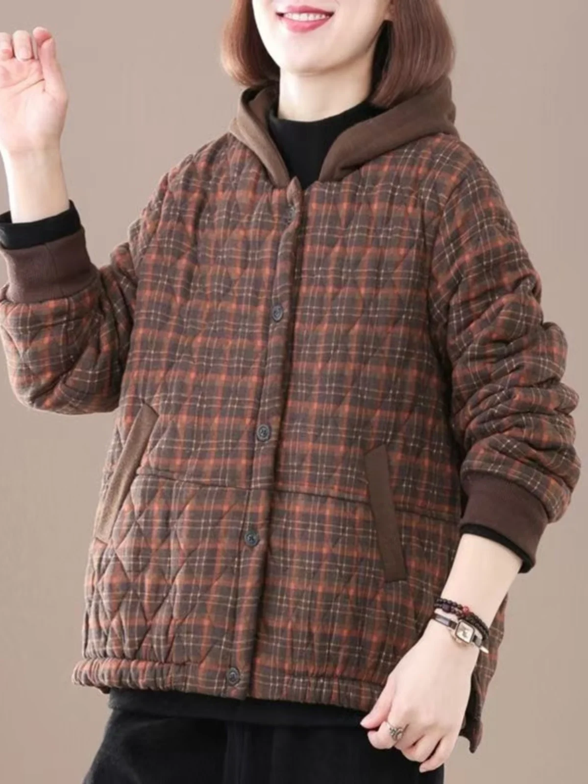 

Autumn Winter Plaid Hooded Cotton Jaet Loose Casual Lightweight Warm Thiened Long Sve Women's Coat for Middle-Aged And...