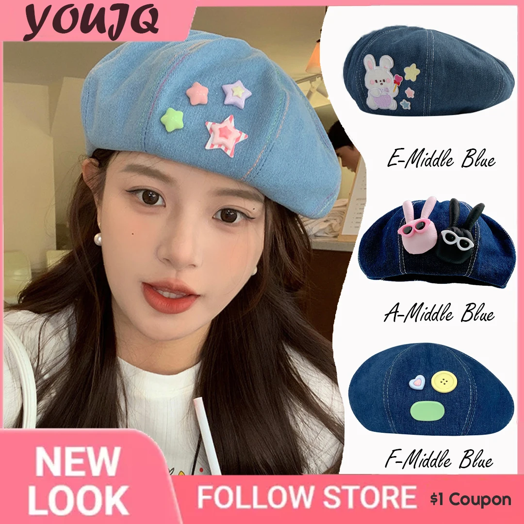 

Korean Cute Rabbit Love Cowboy Patch Beret Hats for Women Spring Summer Pumpkin Painter Caps Japanese Sweet Princess Berets Hat