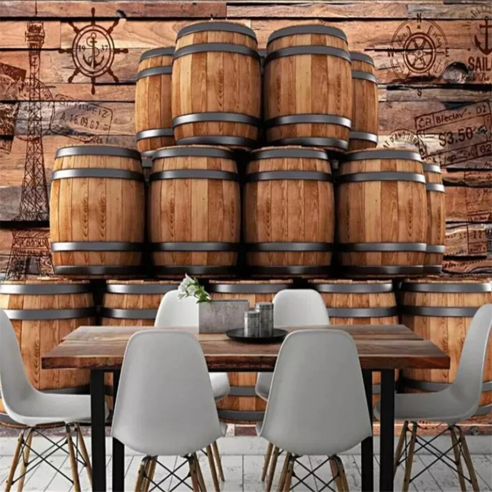 Custom 3D wallpaper mural retro nostalgic wooden bar barrel winery background wall paper home decoration waterproof wall sticker