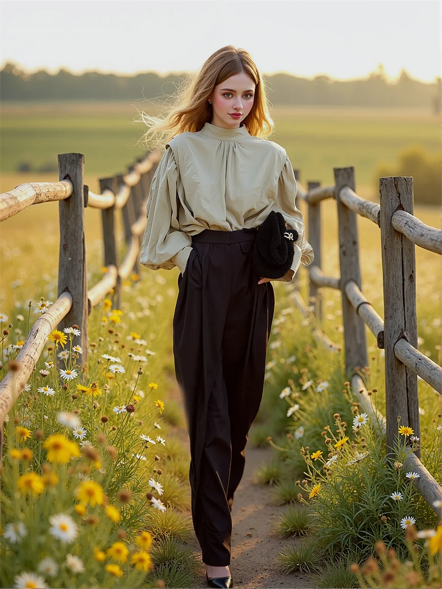 

Shirt Women Solid Color Folds Lace Trim Panel Detail Front Button Elegant Chic Fashion Female Style Lady Work Office Simple