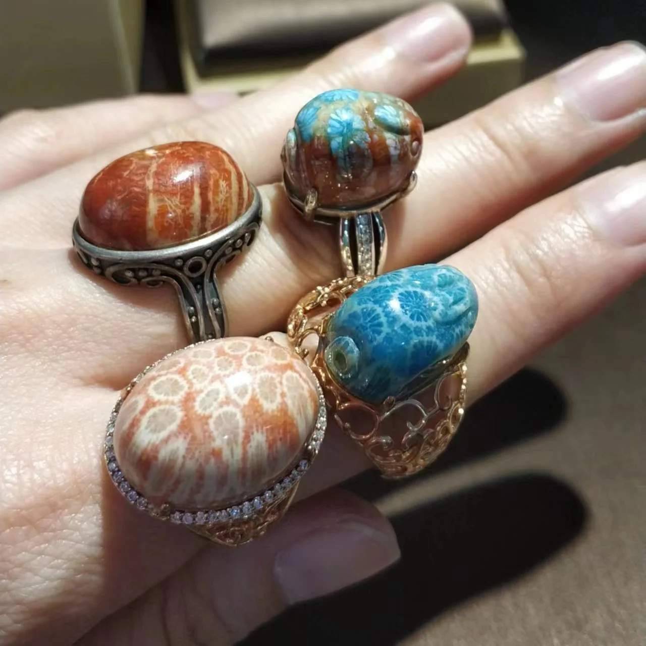 

1pcs/lot Natural Gemstone Ammonite Coral Jade Ring S925 Silver Personality Designer Ladies Accessories Vintage size adjustable