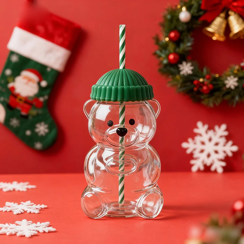 

{HMA74} 550ML Transparent Bear Shape Plastic/Glass Cup With Straw Coffee Mug Beverage Milk Tea Cup Christmas Gift