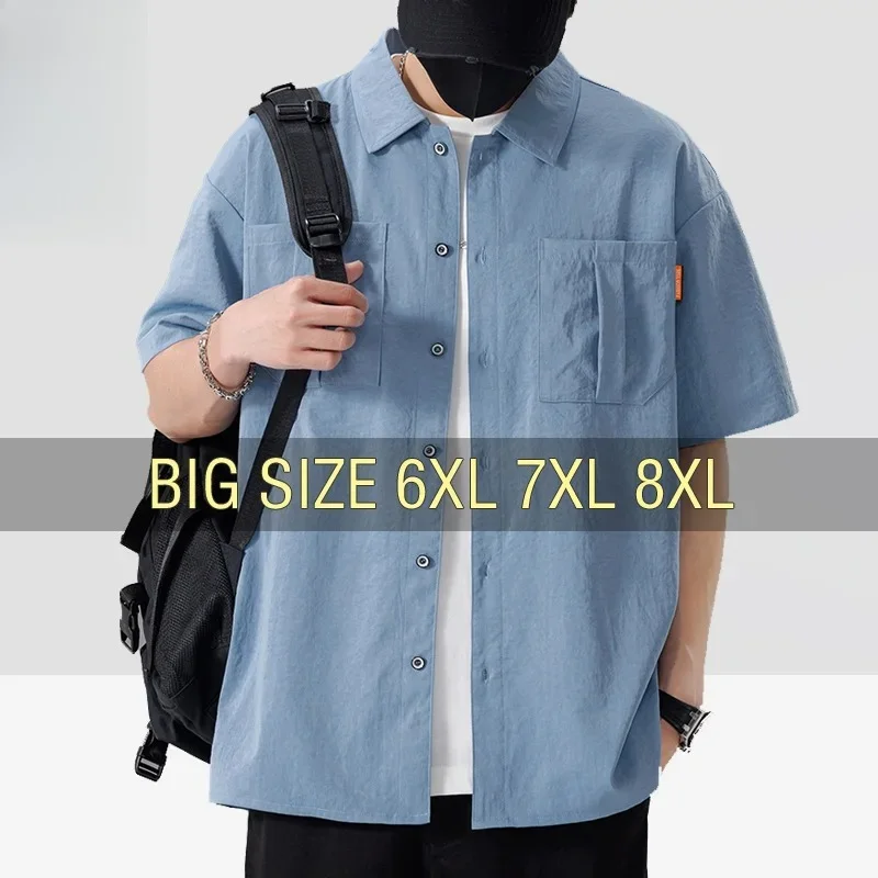 Men Shirt Short Sleeve Stripe Summer Hip Hop Oversize 6XL 7XL 8XL Plus Size Casual Plaid Streetwear Loose Pocket High Quality