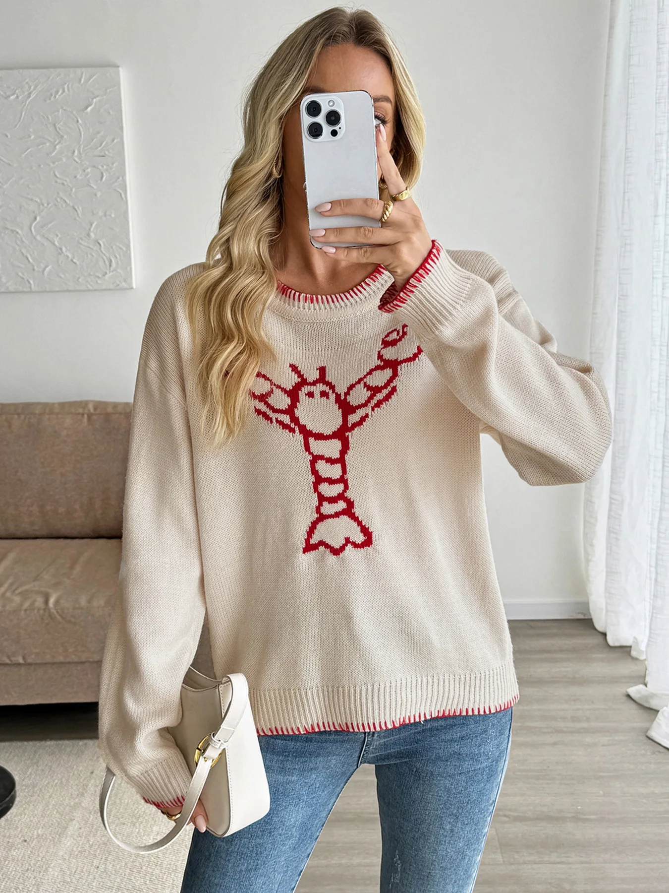 Casual Knitted Pullover Autumn Winter Loose O-neck Long Sleeve Crayfish Embroidered Sweater Fashion Commuting Women Clothing 4