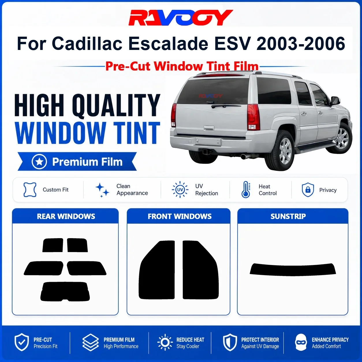 Premium Pre-Cut Window Tint For Cadillac Escalade ESV 2003-2006 Front & Rear Windows UV Heat Rejection Privacy Film