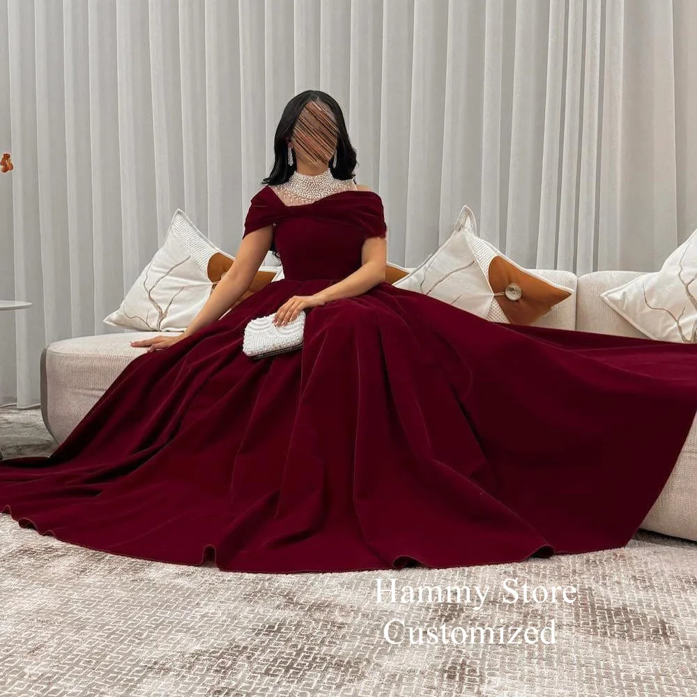 Burgundy Evening Dress Customized Velour Arabic Prom Gown Pearls High Neck Off Shoulder A Line Sweep Train Dubai Party Dresses