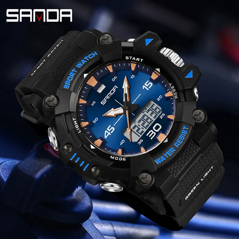 SANDA SD6291 ساعة كوارتز إلكترونية رياضية للرجال مقاومة للصدمات ومقاومة للماء وتقويم مضيء وساعات رقمية كاجوال للرجال